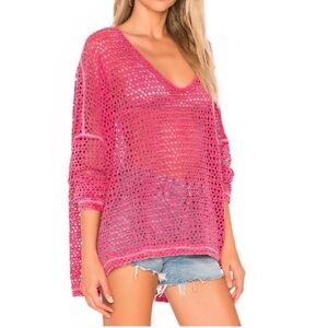 We the Free/Free People Napa Tee/Cover-Up Open Knit Crochet Oversized Sz L Pink